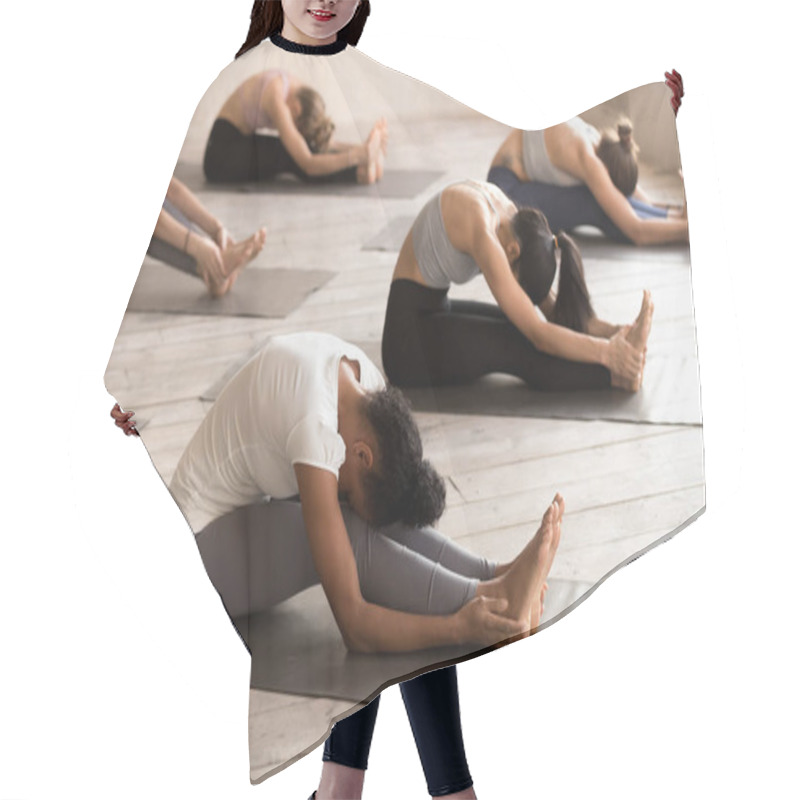 Personality  Group Of Young Women Practicing Yoga, Paschimottanasana Exercise Hair Cutting Cape