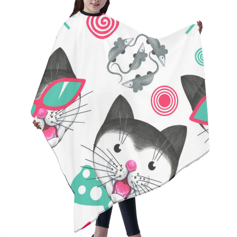 Personality  Seamless Pattern With  Cats And Mice. Hair Cutting Cape