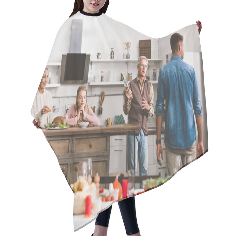 Personality  Members Of Family Talking And Smiling In Thanksgiving Day  Hair Cutting Cape