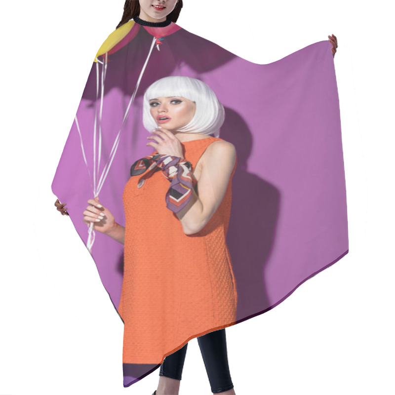 Personality  Surprised Girl In White Wig Holding Air Balloons On Purple Background Hair Cutting Cape