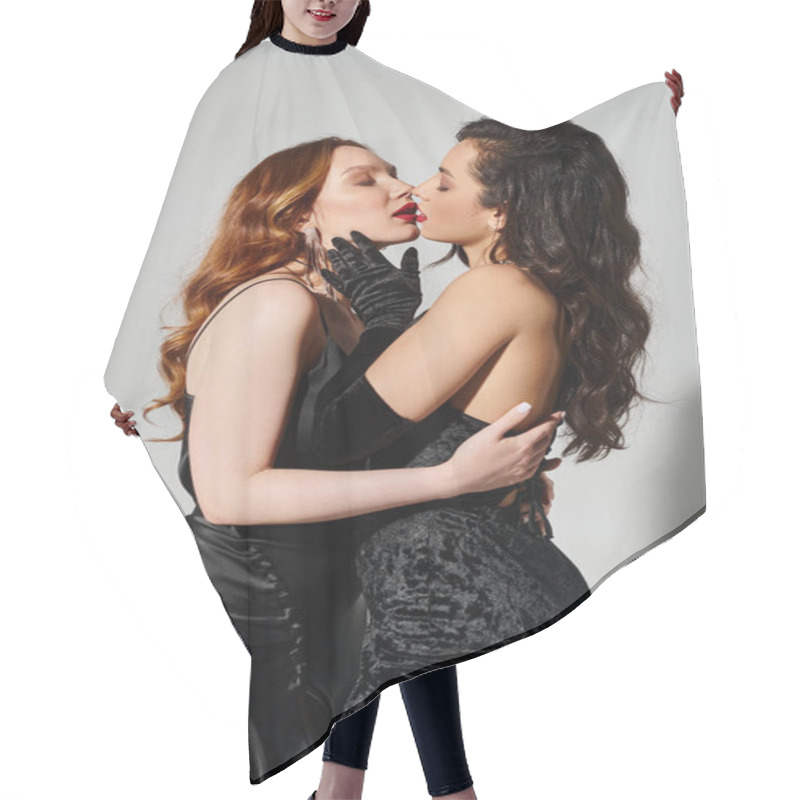 Personality  Two Women In Black Dresses Sharing A Tender Kiss, Embodying Love And Elegance. Hair Cutting Cape