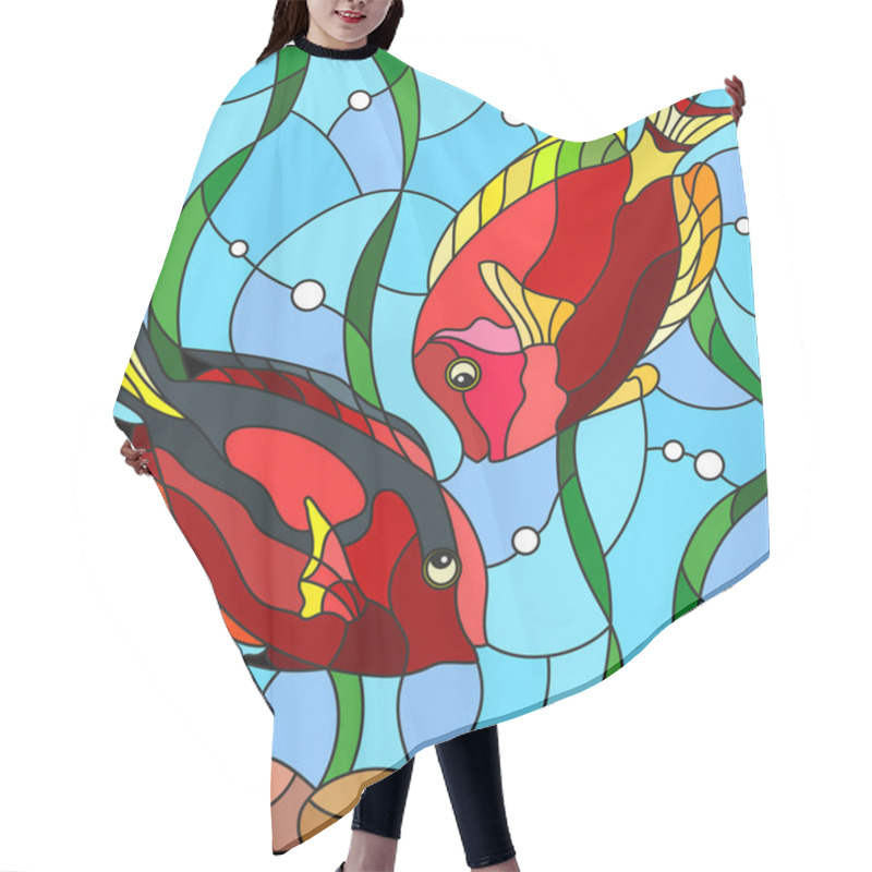 Personality  Illustration In Stained Glass Style With A Pair Of Red  Striped Fishes On The Background Of Water And Algae Hair Cutting Cape