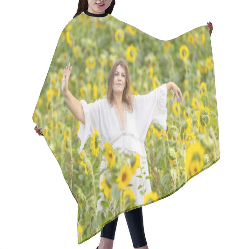 Personality  A Woman In White In A Field Of Sunflowers: A Moment Of Serenity Among Yellow Blossoms Hair Cutting Cape