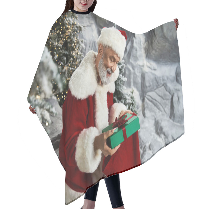 Personality  Santa Smiles As He Opens A Gift, Celebrating The Holiday Spirit In A Winter Wonderland. Hair Cutting Cape