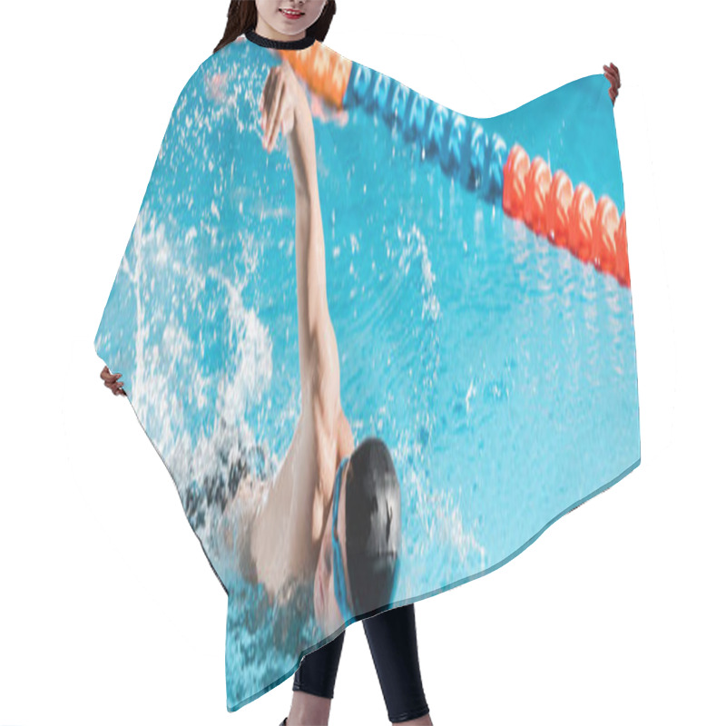 Personality  Panoramic Shot Of Handsome Swimmer Training In Swimming Pool  Hair Cutting Cape