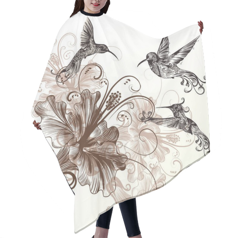 Personality  Floral Background With Hummingbirds And Hibiscus Flowers Hair Cutting Cape