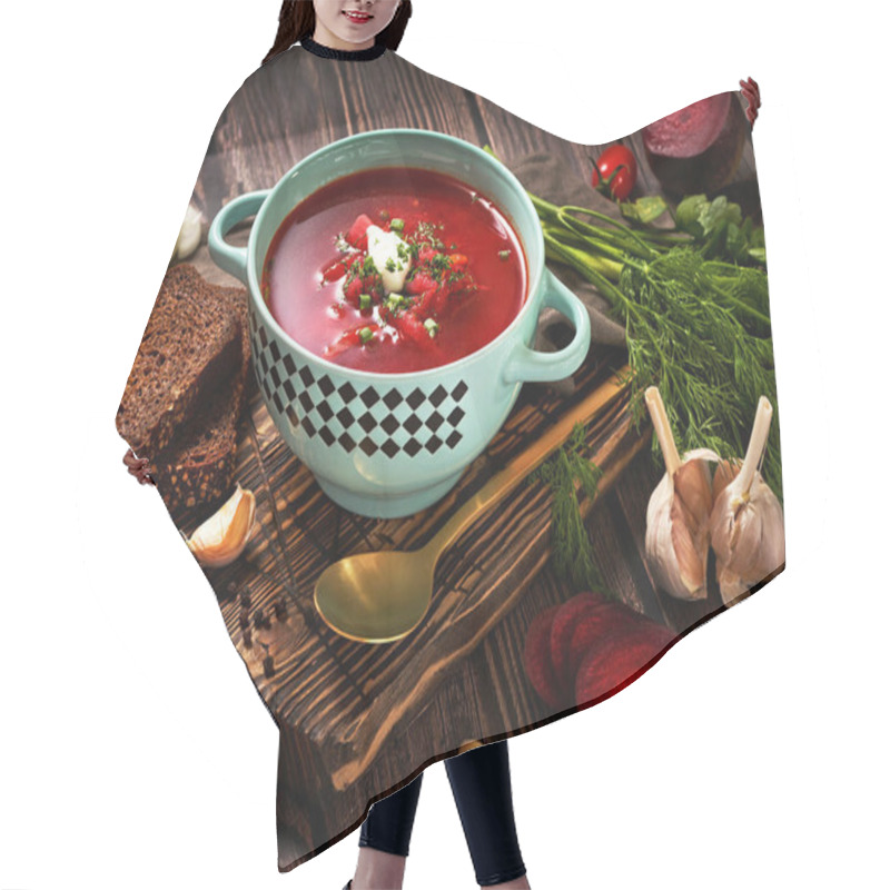 Personality  Ukrainian And Russian National Red Borsch With Sour Cream And Herbs. Bowl Of Red Beetroot Soup On Dark Rustic Background                           Hair Cutting Cape