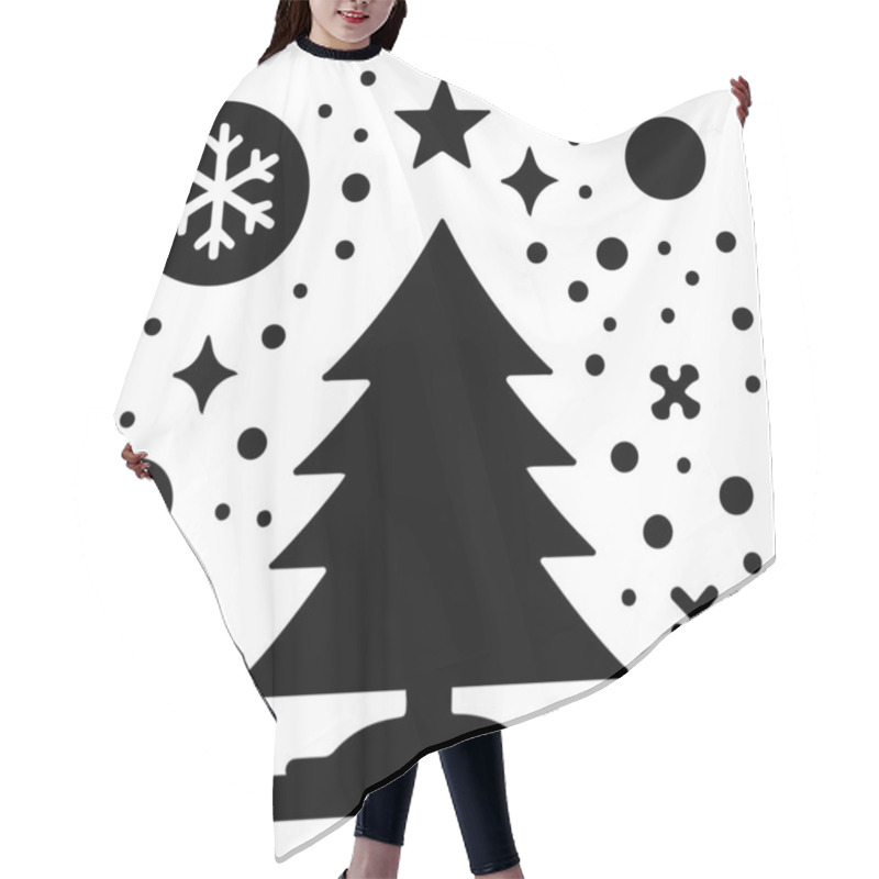 Personality  This Festive Vector Illustration Features A Stylized Christmas Tree Surrounded By Various Holiday-themed Elements, Including Snowflakes, Stars, And Decorative Dots. The Black And White Design Is Perfect For Holiday Greeting Cards, Seasonal Decoration Hair Cutting Cape