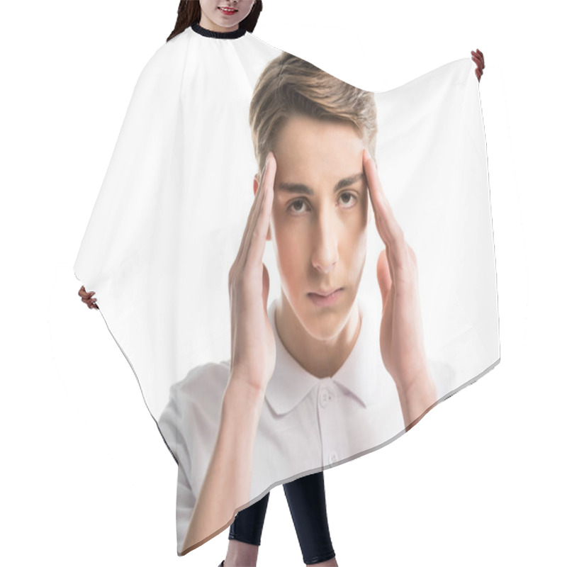 Personality  Caucasian Teenager Having Headache Hair Cutting Cape