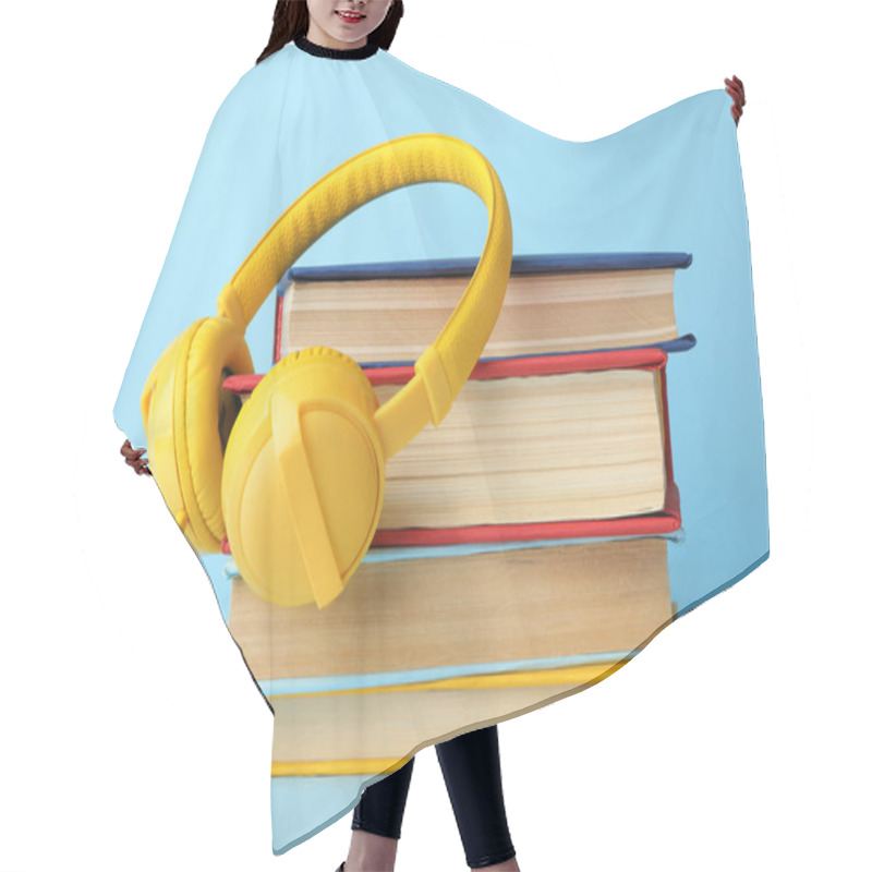 Personality  Books And Modern Headphones On Light Blue Background Hair Cutting Cape