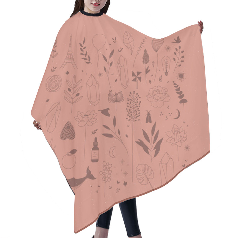 Personality  Set Of Different Decorative Elements With Branches, Flowers, Animals And Various Objects Drawing On Coral Background Hair Cutting Cape