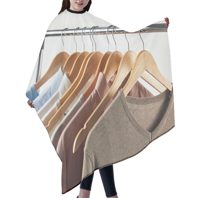 Personality  Straight Rack, Wooden Hangers And Male Clothes Isolated On Grey Hair Cutting Cape