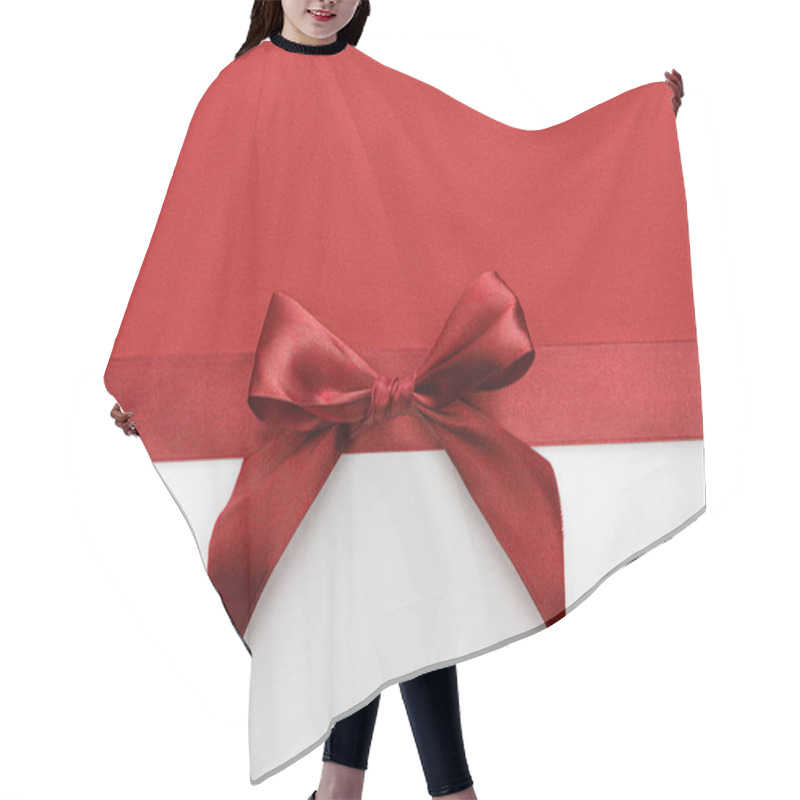 Personality  Top View Of Satin Burgundy Decorative Ribbon With Bow On White And Red Background Hair Cutting Cape