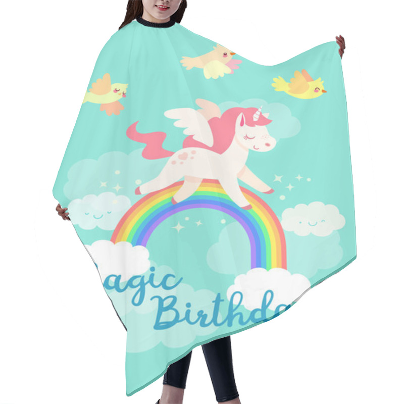 Personality  Happy Birthday Card With Flying Unicorn In Vector Hair Cutting Cape