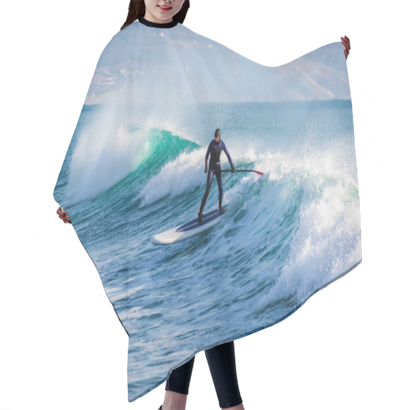 Personality  Surfer On Stand Up Paddle Board On Blue Wave. Winter Surfing In Ocean Hair Cutting Cape