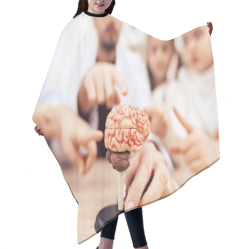 Personality  Children With Teacher Looking At A Model Of The Human Brain. Hair Cutting Cape