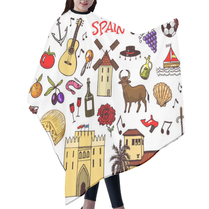 Personality  Spanish Traditional Symbols And Objects. Set Of Signs And Icons In Vintage Style. Hand Drawn. Guitar, Futbol, Music And Wine. Hair Cutting Cape