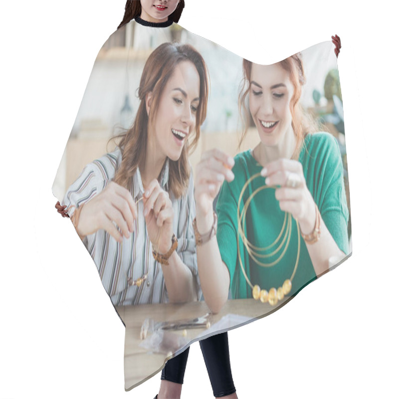 Personality  Happy Excited Women Making Accessories In Workshop Hair Cutting Cape