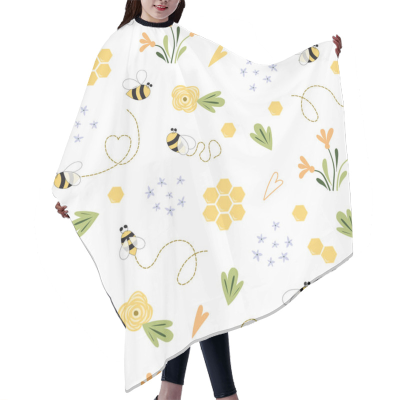 Personality  Bee Honey Pattern Bee Seamless Pattern Cute Hand Drawn Summer Meadow Flowers, Bee Honeycombe Background Hand Drawn Honey Templates. Kids Fabric Design. Summer Illustration. Yellow White Colors. Hair Cutting Cape