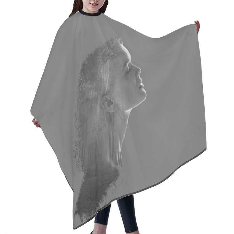 Personality  Double Exposure Of Beautiful Woman Profile And Forest Trees Isolated On Grey Hair Cutting Cape