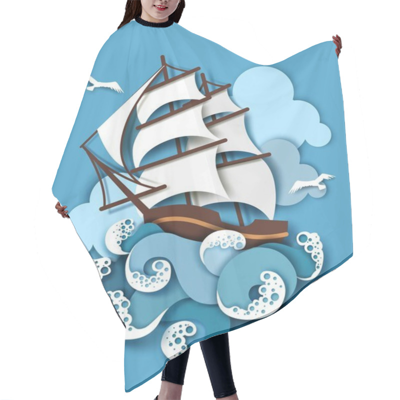 Personality  Sailboat and raging sea, vector illustration in paper art style hair cutting cape