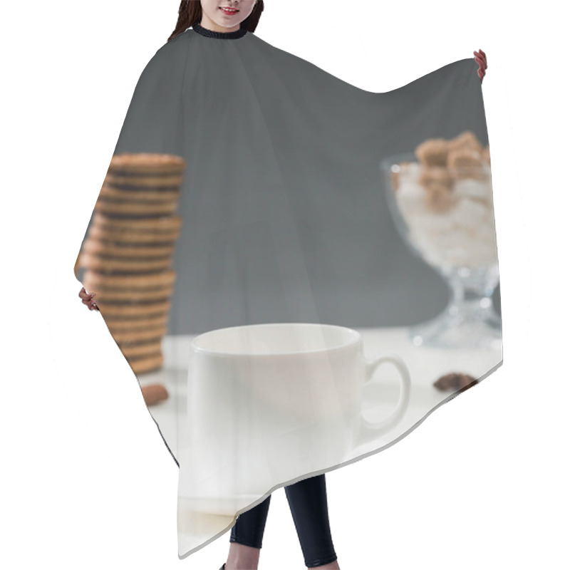 Personality  White Cup For Coffee On Table With Cookies And Spices Hair Cutting Cape