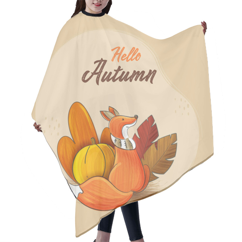 Personality  Hello Autumn Concept With Cartoon Fox Sitting, Pumpkin And Leaves On Beige Background. Hair Cutting Cape