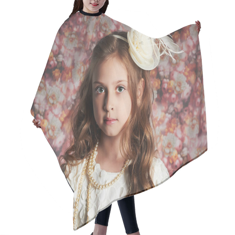 Personality  Beautiful Little Girl. Floral Background.funny Child Hair Cutting Cape