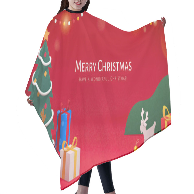 Personality  Red Xmas Banner In Paper Cut Style. Illustration Of Decorated Christmas Tree With Lights, Reindeers, And Gift Boxes On Red Background. Hair Cutting Cape