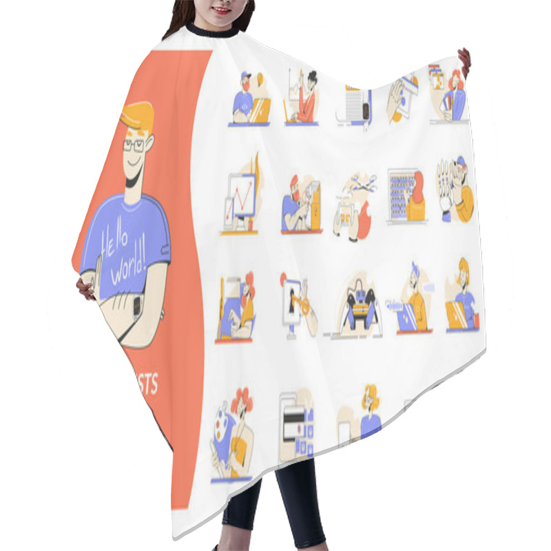 Personality  It Specialist Set With Flat Isolated Doodle Style Compositions With Programming Code Icons And Young Programmers Vector Illustration Hair Cutting Cape