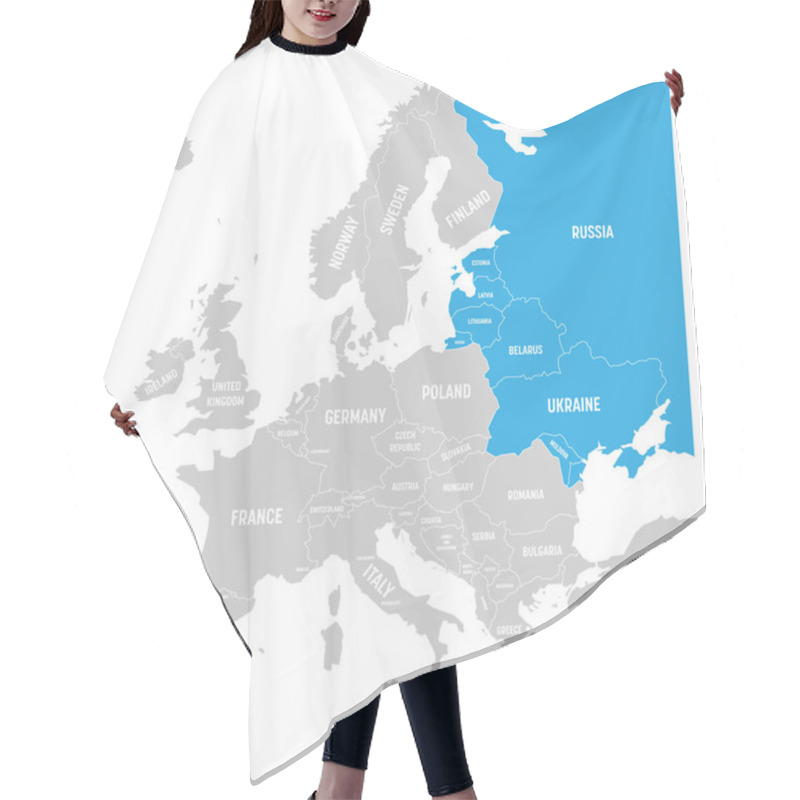 Personality  Former Union Of Soviet Socialist Republics, USSR, Russia, Ukraine, Belarus, Estonia, Latvia, Lithuania And Moldova Blue Highlighted In The Political Map Of Europe. Vector Illustration Hair Cutting Cape