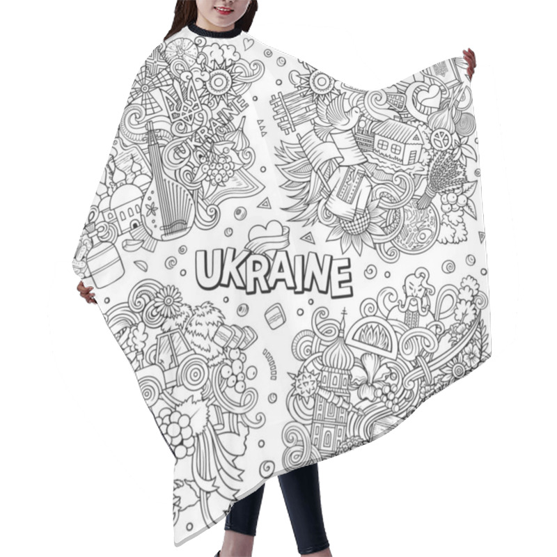 Personality  Ukraine Cartoon Raster Doodle Designs Set. Line Art Detailed Compositions With Lot Of Ukrainian Objects And Symbols. Hair Cutting Cape