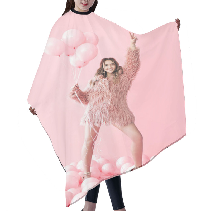 Personality  Full Length Portrait Of Happy Glamour Woman With Pink Balloons Showing Victory Sign Hair Cutting Cape