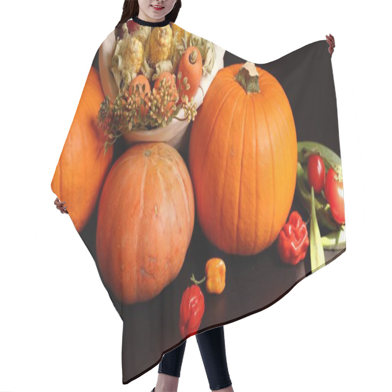 Personality  Pumpkins, Eggplants, And Corn Create Natural Harvest Scene Perfect For Rustic Autumn Setting. Rich Colors Evoke Warmth And Coziness, Making Ideal Atmosphere For Festive Gatherings. Hair Cutting Cape