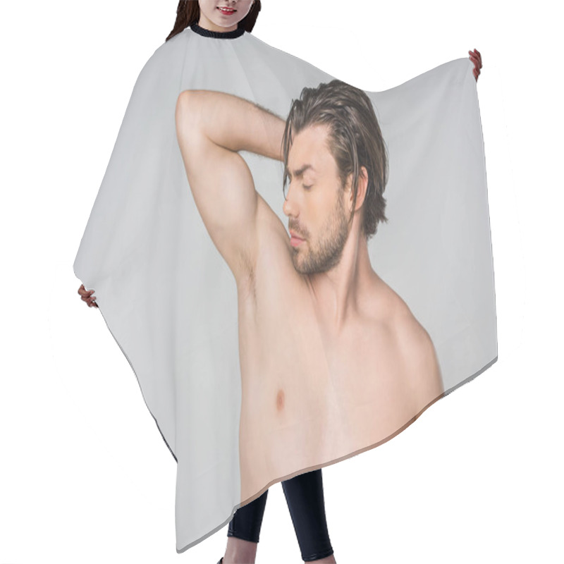 Personality  Portrait Of Handsome Shirtless Man With Arm Up Isolated On Grey Hair Cutting Cape