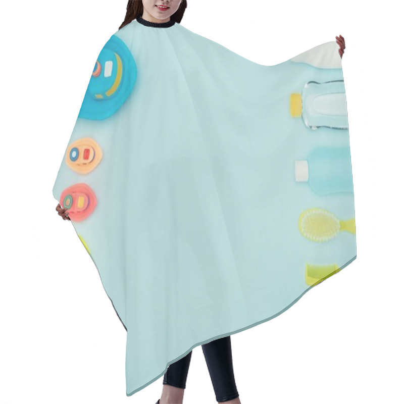 Personality  Top View Of Baby Toys And Bathroom Accessories Isolated On Blue Hair Cutting Cape