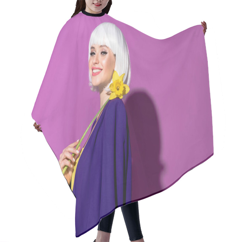 Personality  Laughing Happy Girl In Wig Holding Flower On Purple Background Hair Cutting Cape