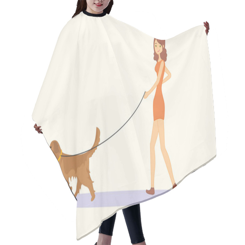 Personality  Woman Or Young Girl In Casual Clothes Walking The Dog Golden Retriever Breed. Vector Illustration Isolated On White Background Hair Cutting Cape