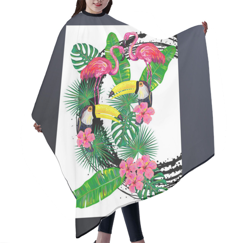 Personality  Invitation With Pink Flamingo, Toucan Bird, Tropical Exotic Flowers And Leaves Hair Cutting Cape