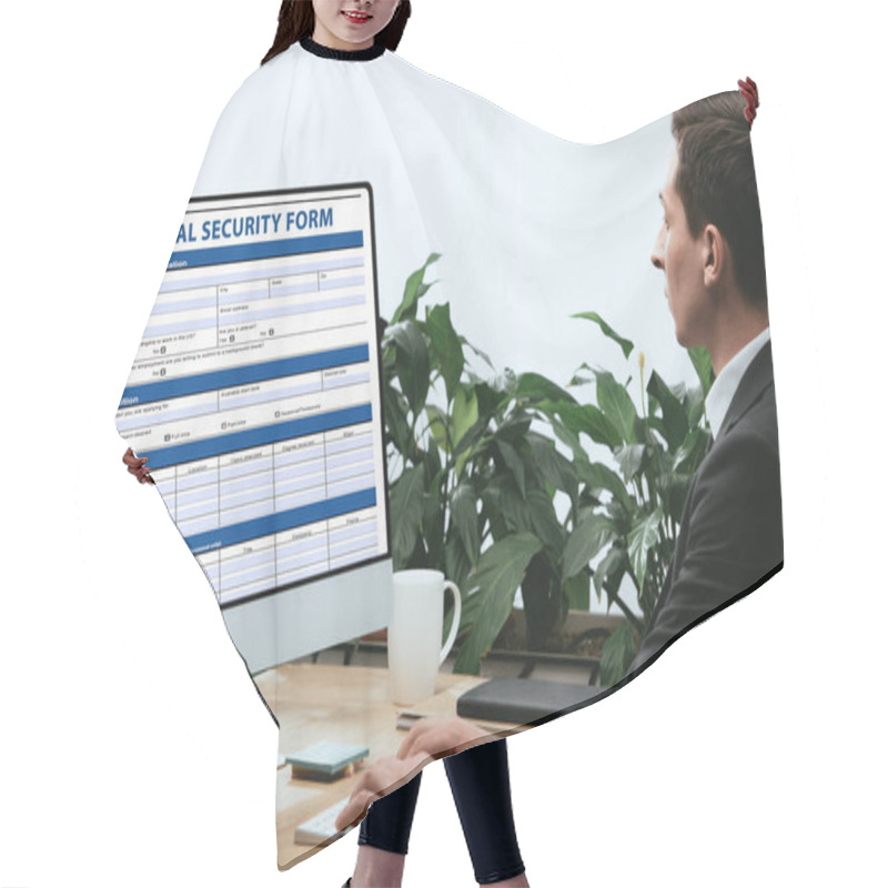 Personality  Man In Suit Filling In Social Security Form, Application Concept Hair Cutting Cape