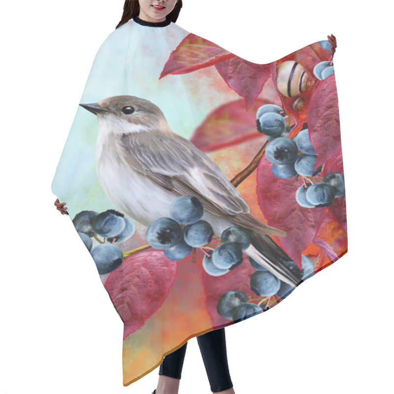 Personality  Little Gray Bird, Red Autumn Leaves, Twigs Of Blueberry, Small Snails, Autumn Landscape Hair Cutting Cape