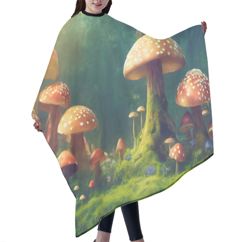 Personality  An Illustrative Painting With Detail Of A Forest With Many Mushrooms And Flowers In The Dense Grass Of A Forest. Hair Cutting Cape