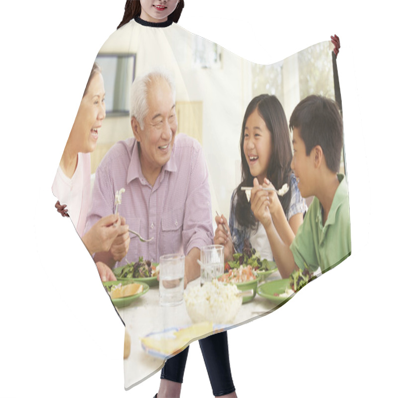 Personality  Asian Family Sharing Meal At Home Hair Cutting Cape