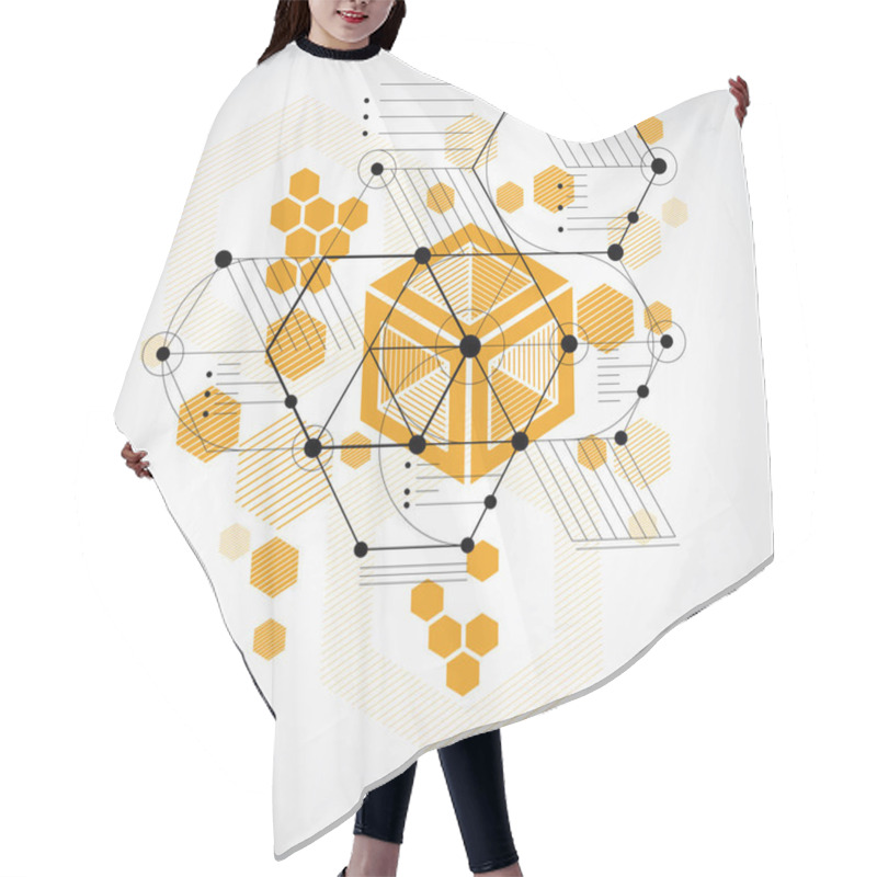 Personality  Modular Bauhaus Vector Background, Created From Simple Geometric Figures Like Hexagons, Circles And Lines. Best For Use As Advertising Poster Or Banner Design. Abstract Mechanical Scheme. Hair Cutting Cape