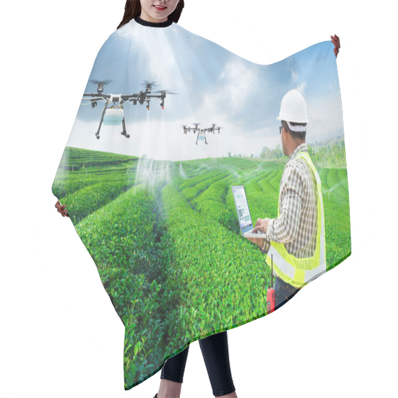 Personality  Technician Farmer Use Wifi Computer Control Agriculture Drone Fly To Sprayed Fertilizer On The Green Tea Fields, Smart Farm 4.0 Concept Hair Cutting Cape