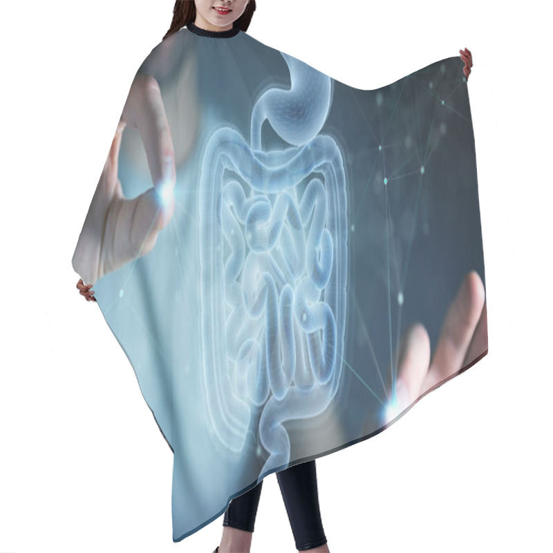 Personality  Man On Dark Background Using Digital X-ray Of Human Intestine Holographic Scan Projection 3D Rendering Hair Cutting Cape