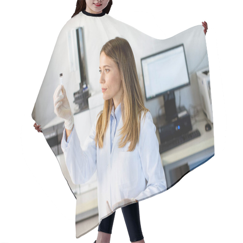 Personality  Young Female Scientist In A White Lab Coat Preparing Vial With A Sample For An Analysis On A Gas Chromatograph In Biomedical Lab Hair Cutting Cape