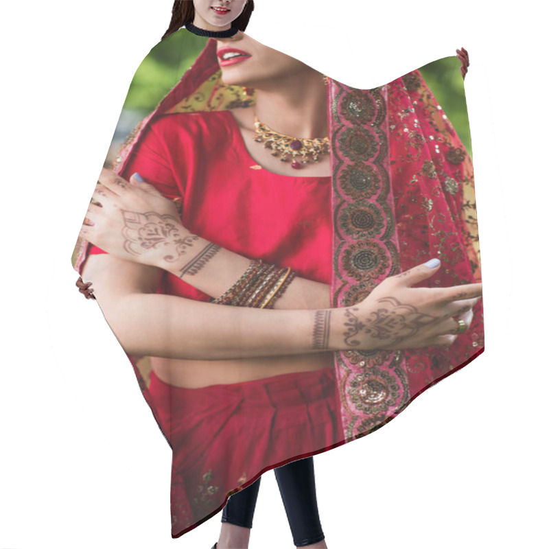 Personality  Cropped View Of Young Indian Bride In Red Sari And Headscarf With Ornament  Hair Cutting Cape