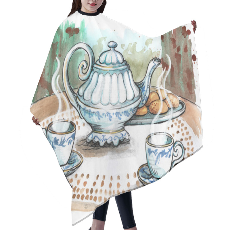 Personality  Close-up View Of Teapot And Tea Cups On The Table Hair Cutting Cape