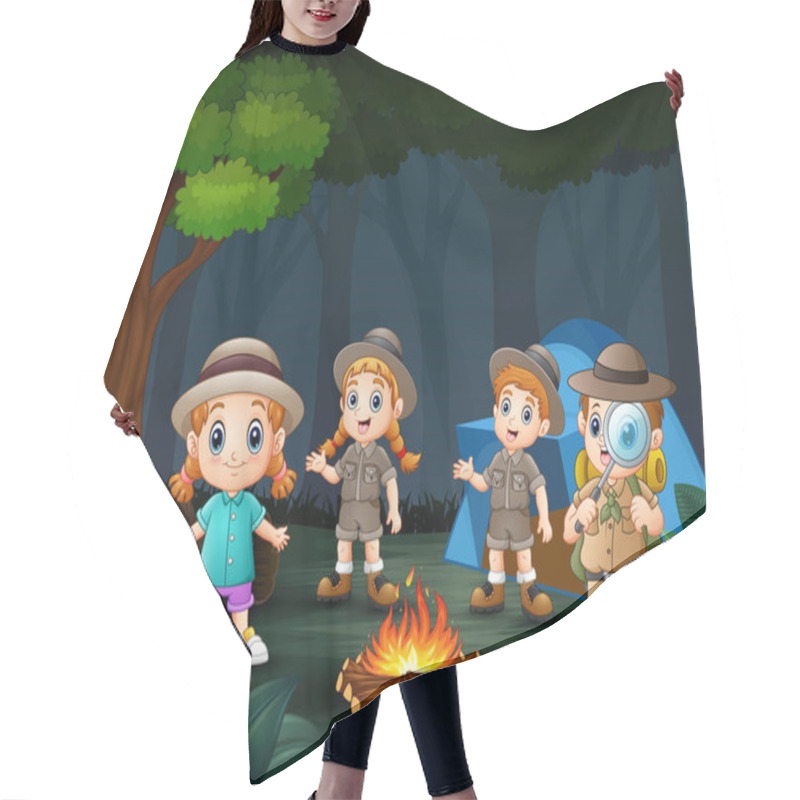 Personality  Happy Kids Camping In The Forest At Night Near Big Fire Hair Cutting Cape